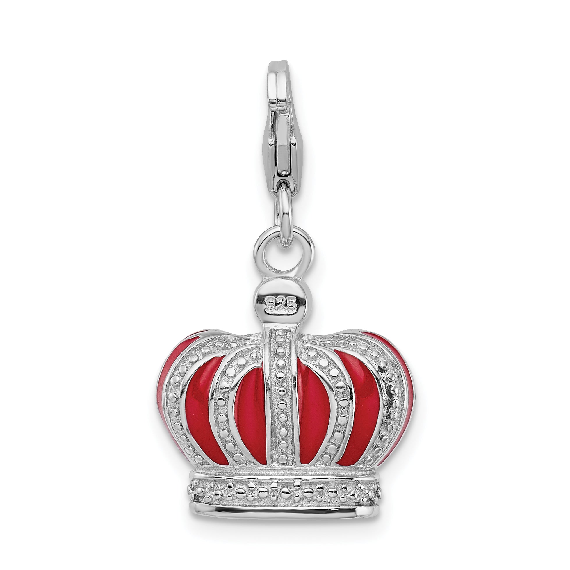Sterling Silver Amore La Vita Rhodium-Plated Polished 3-D Crystal From Swarovski And Red Enameled Crown Charm With Fancy Lobster Clasp