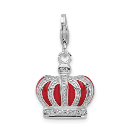 Sterling Silver Amore La Vita Rhodium-Plated Polished 3-D Crystal From Swarovski And Red Enameled Crown Charm With Fancy Lobster Clasp