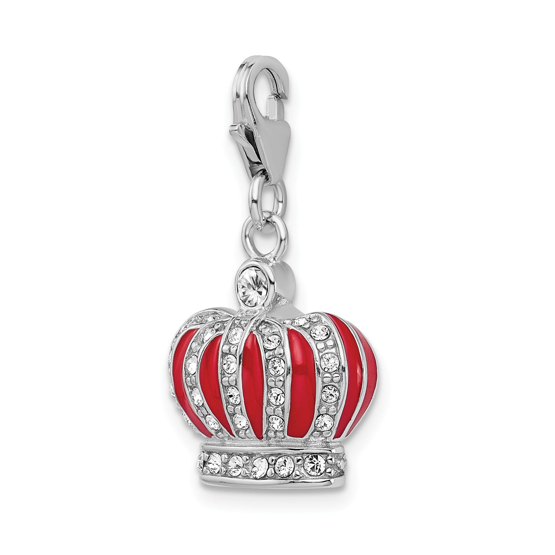 Sterling Silver Amore La Vita Rhodium-Plated Polished 3-D Crystal From Swarovski And Red Enameled Crown Charm With Fancy Lobster Clasp
