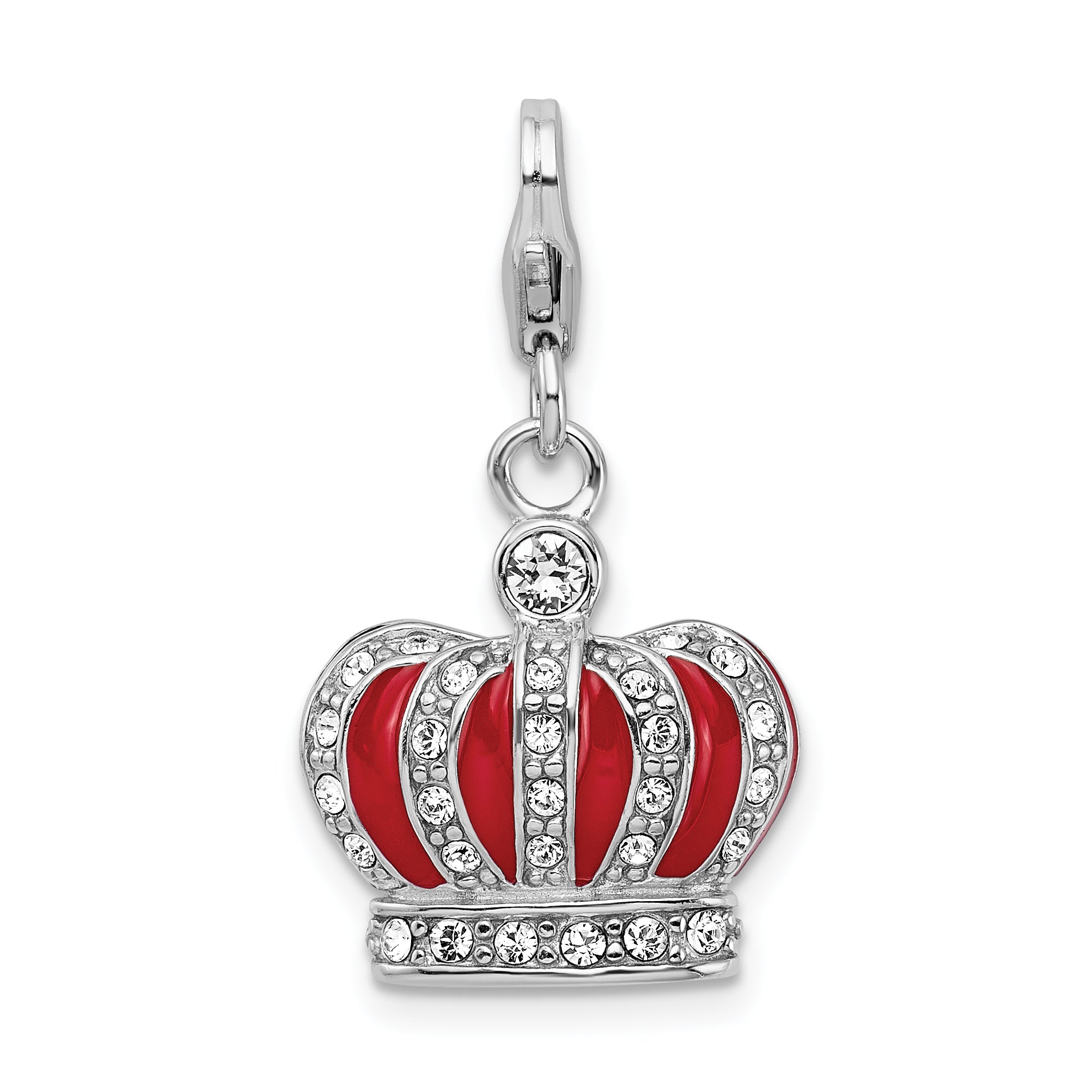 Sterling Silver Amore La Vita Rhodium-Plated Polished 3-D Crystal From Swarovski And Red Enameled Crown Charm With Fancy Lobster Clasp