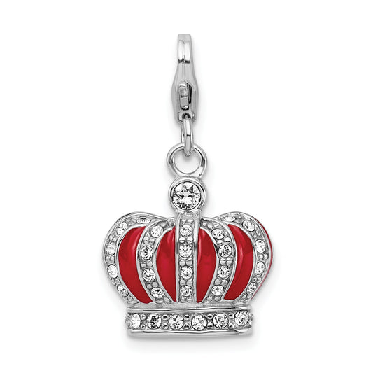 Sterling Silver Amore La Vita Rhodium-Plated Polished 3-D Crystal From Swarovski And Red Enameled Crown Charm With Fancy Lobster Clasp