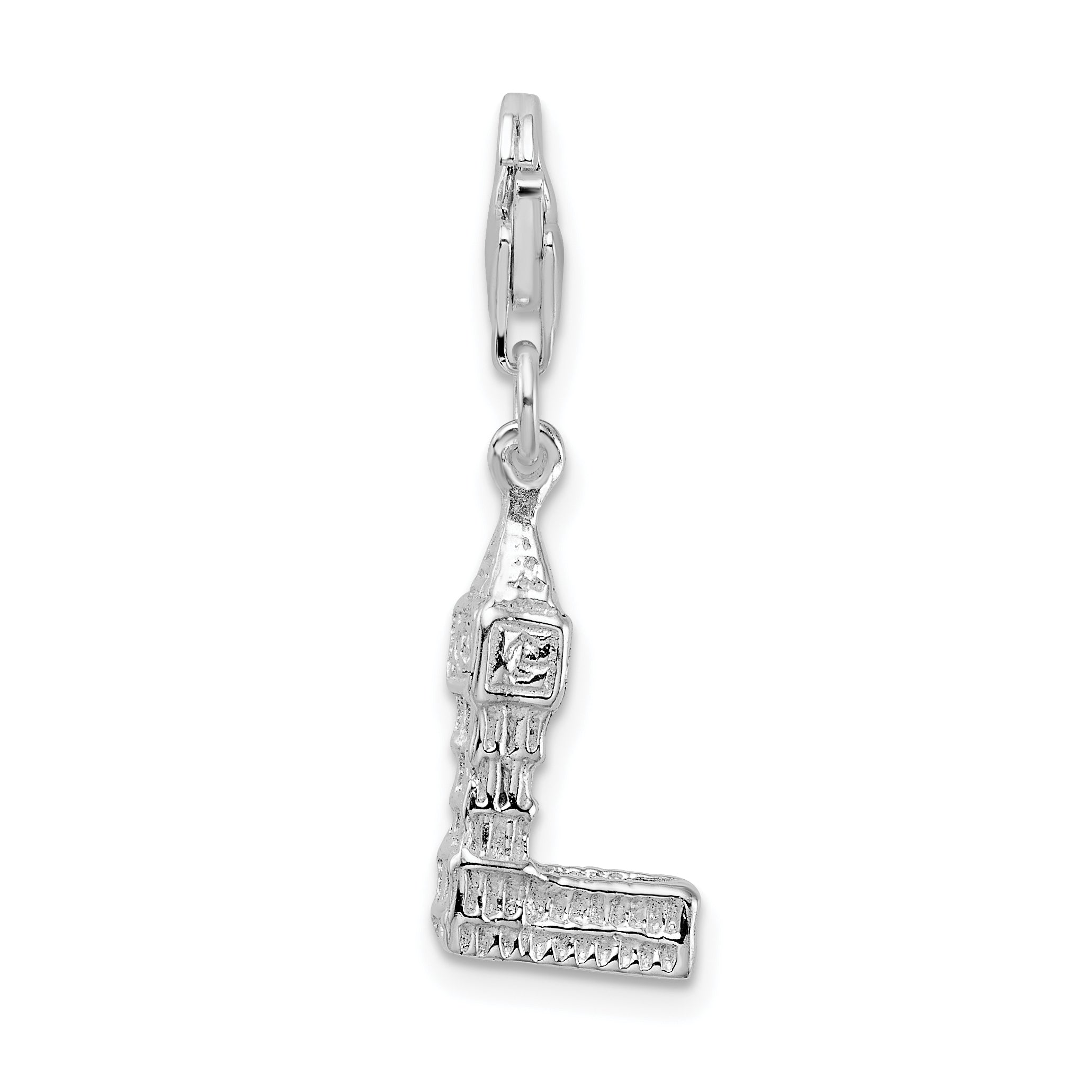 Sterling Silver Amore La Vita Rhodium-Plated Polished 3-D Big Ben Charm With Fancy Lobster Clasp