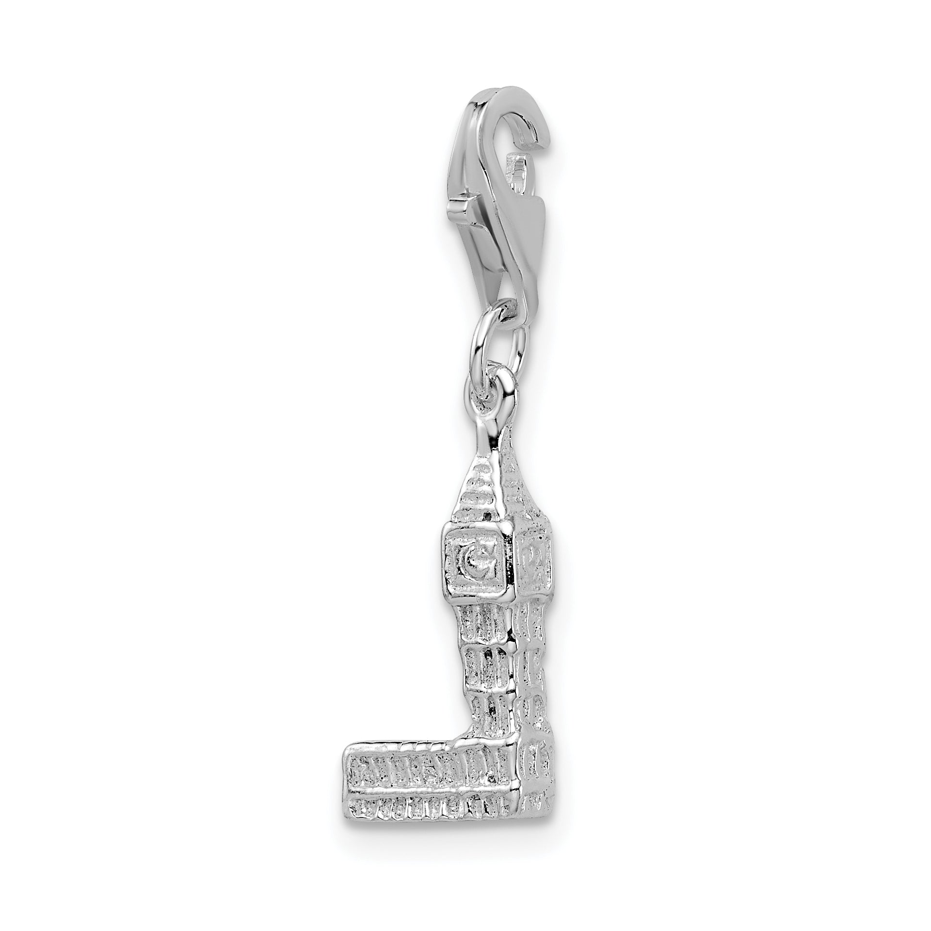 Sterling Silver Amore La Vita Rhodium-Plated Polished 3-D Big Ben Charm With Fancy Lobster Clasp