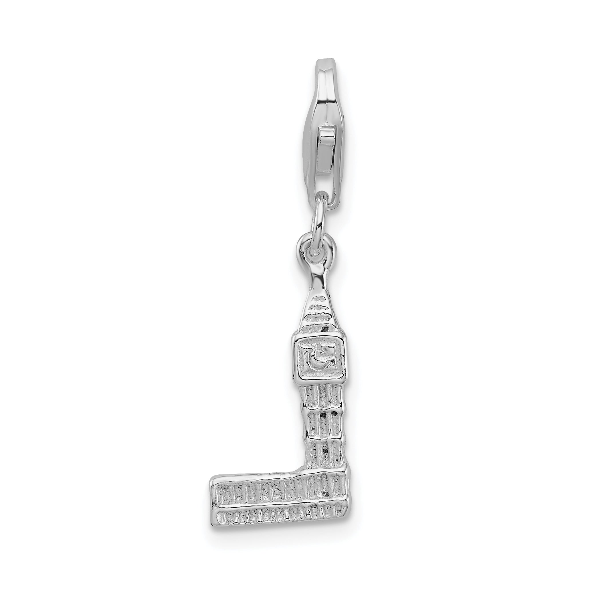 Sterling Silver Amore La Vita Rhodium-Plated Polished 3-D Big Ben Charm With Fancy Lobster Clasp