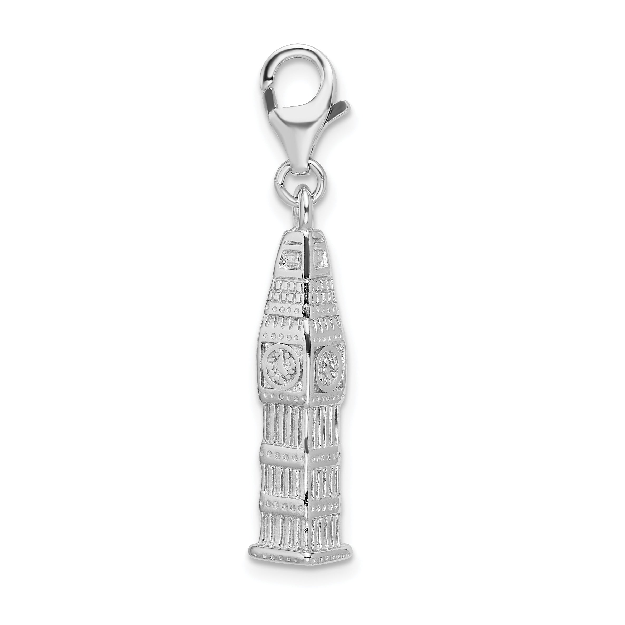 Sterling Silver Amore La Vita Rhodium-Plated Polished 3-D Clock Tower Charm With Fancy Lobster Clasp
