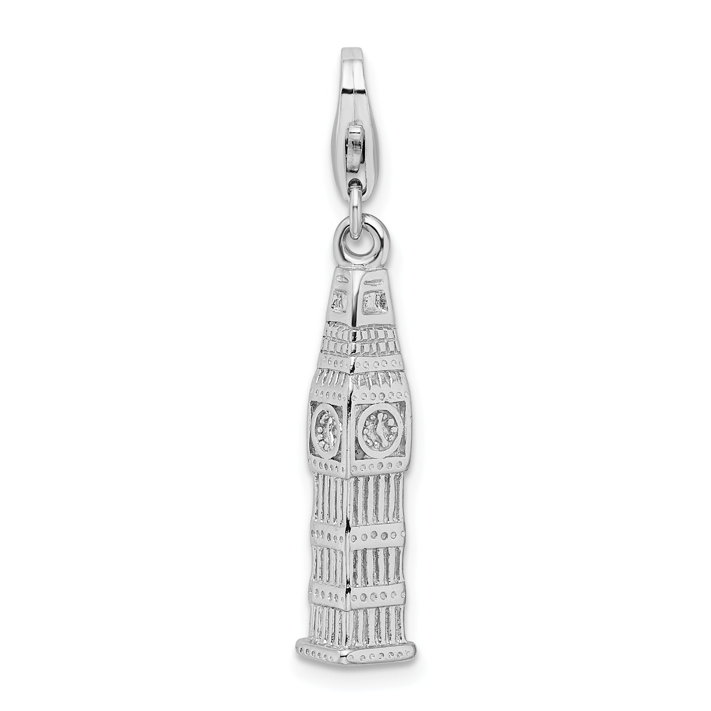 Sterling Silver Amore La Vita Rhodium-Plated Polished 3-D Clock Tower Charm With Fancy Lobster Clasp