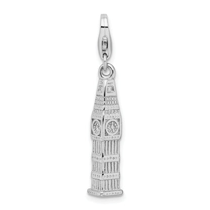 Sterling Silver Amore La Vita Rhodium-Plated Polished 3-D Clock Tower Charm With Fancy Lobster Clasp