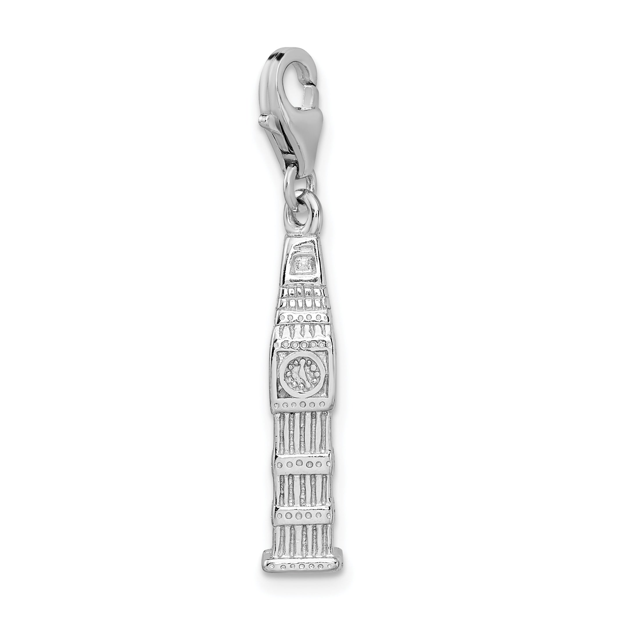 Sterling Silver Amore La Vita Rhodium-Plated Polished 3-D Clock Tower Charm With Fancy Lobster Clasp