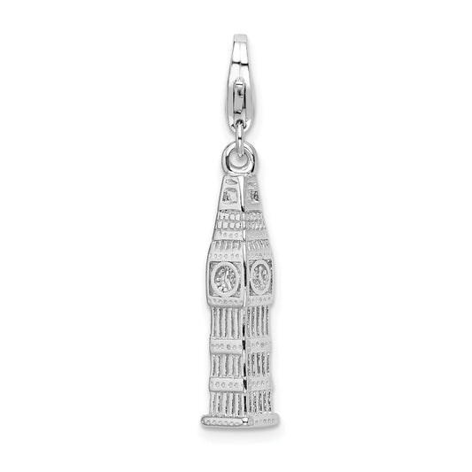 Sterling Silver Amore La Vita Rhodium-Plated Polished 3-D Clock Tower Charm With Fancy Lobster Clasp