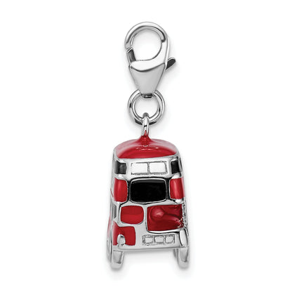 Sterling Silver Amore La Vita Rhodium-Plated Polished 3-D Enameled Double Decker London Bus Charm With Fancy Lobster Clasp