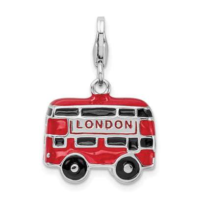 Sterling Silver Amore La Vita Rhodium-Plated Polished 3-D Enameled Double Decker London Bus Charm With Fancy Lobster Clasp