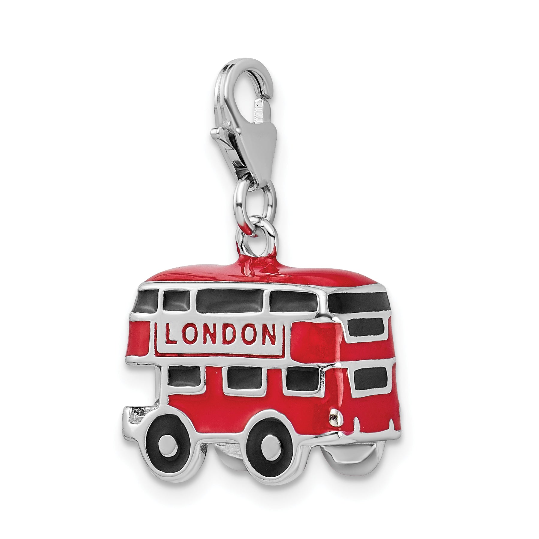 Sterling Silver Amore La Vita Rhodium-Plated Polished 3-D Enameled Double Decker London Bus Charm With Fancy Lobster Clasp