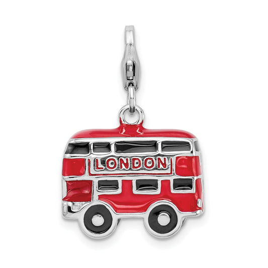 Sterling Silver Amore La Vita Rhodium-Plated Polished 3-D Enameled Double Decker London Bus Charm With Fancy Lobster Clasp