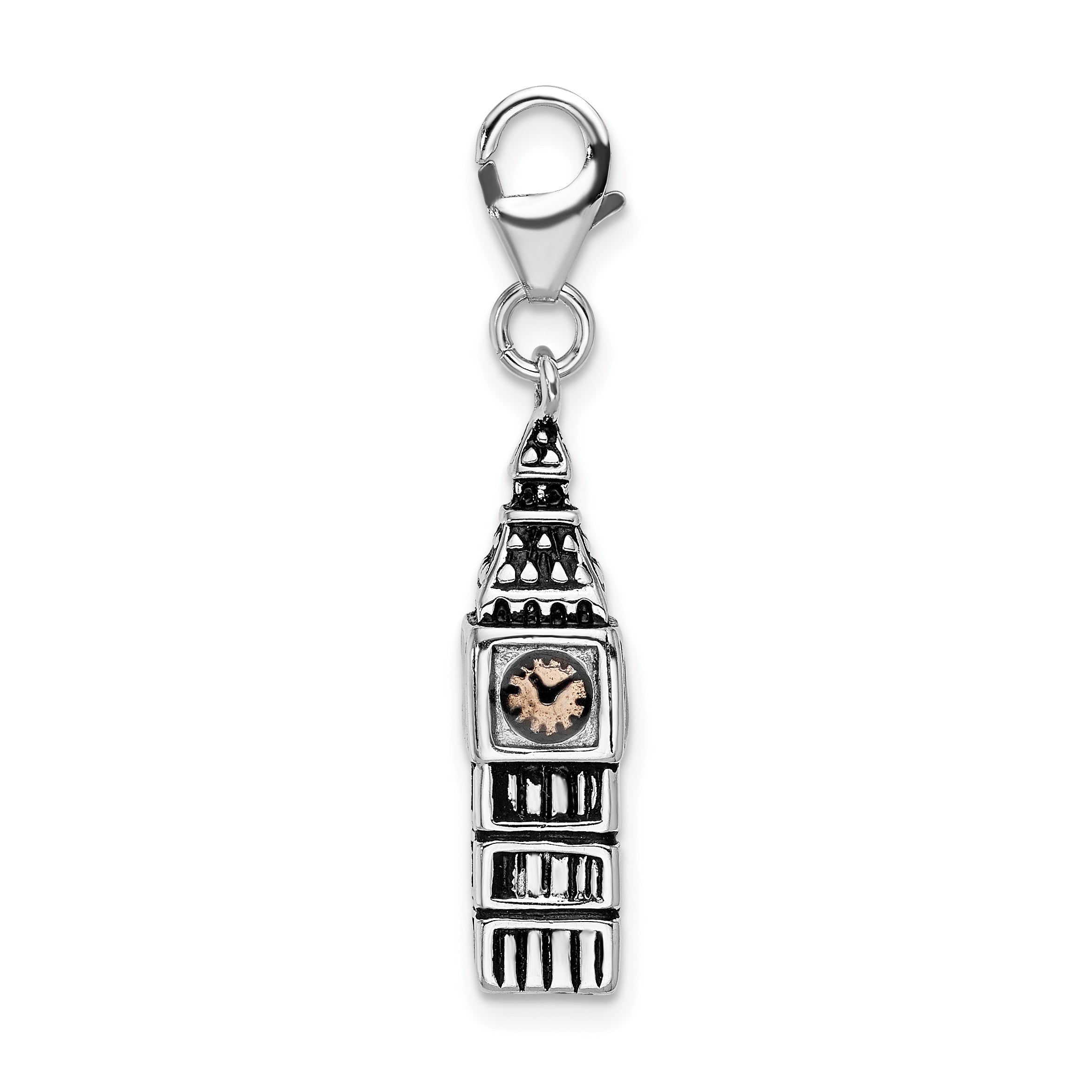 Sterling Silver Amore La Vita Rhodium-Plated Polished 3-D Antiqued Big Ben Charm With Fancy Lobster Clasp