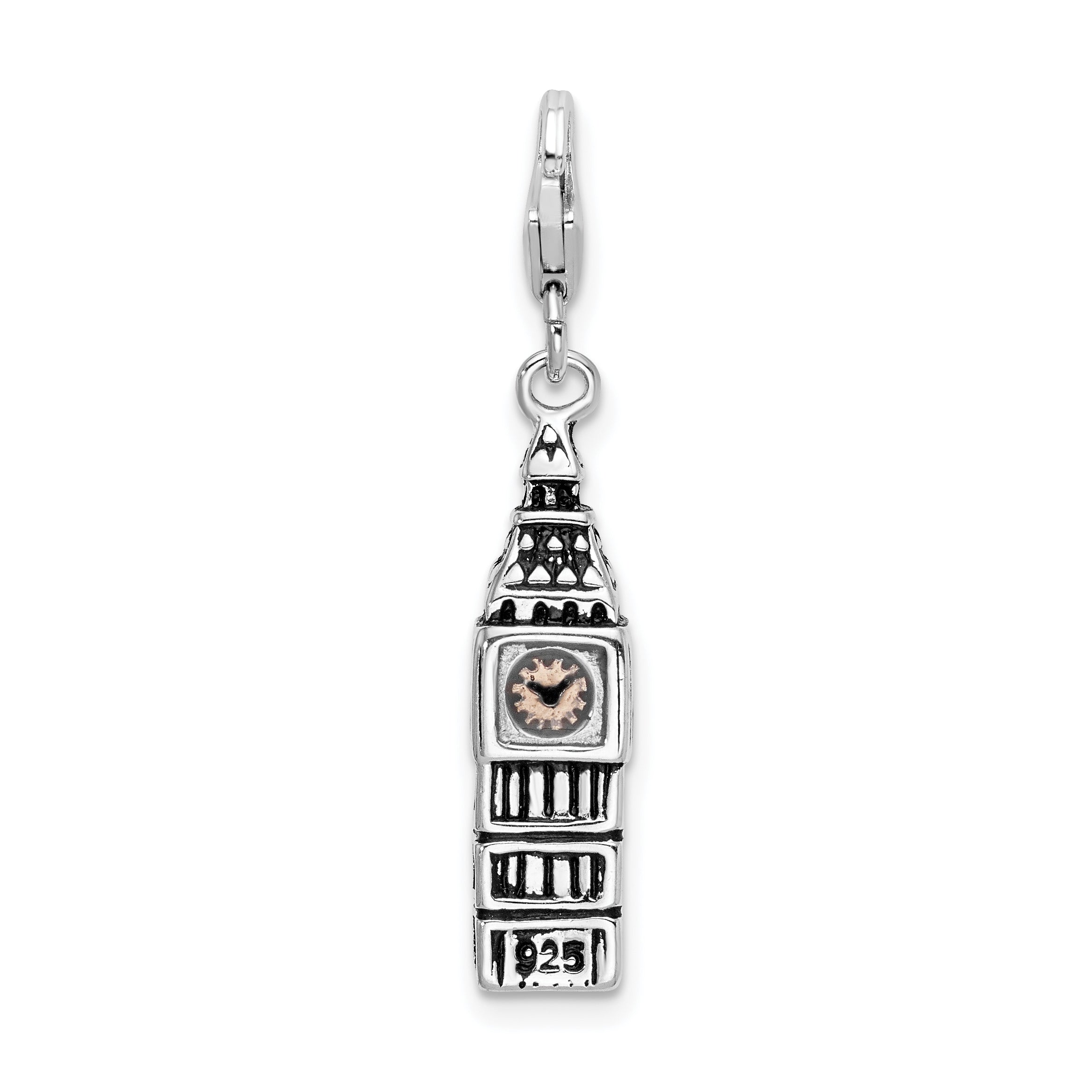 Sterling Silver Amore La Vita Rhodium-Plated Polished 3-D Antiqued Big Ben Charm With Fancy Lobster Clasp