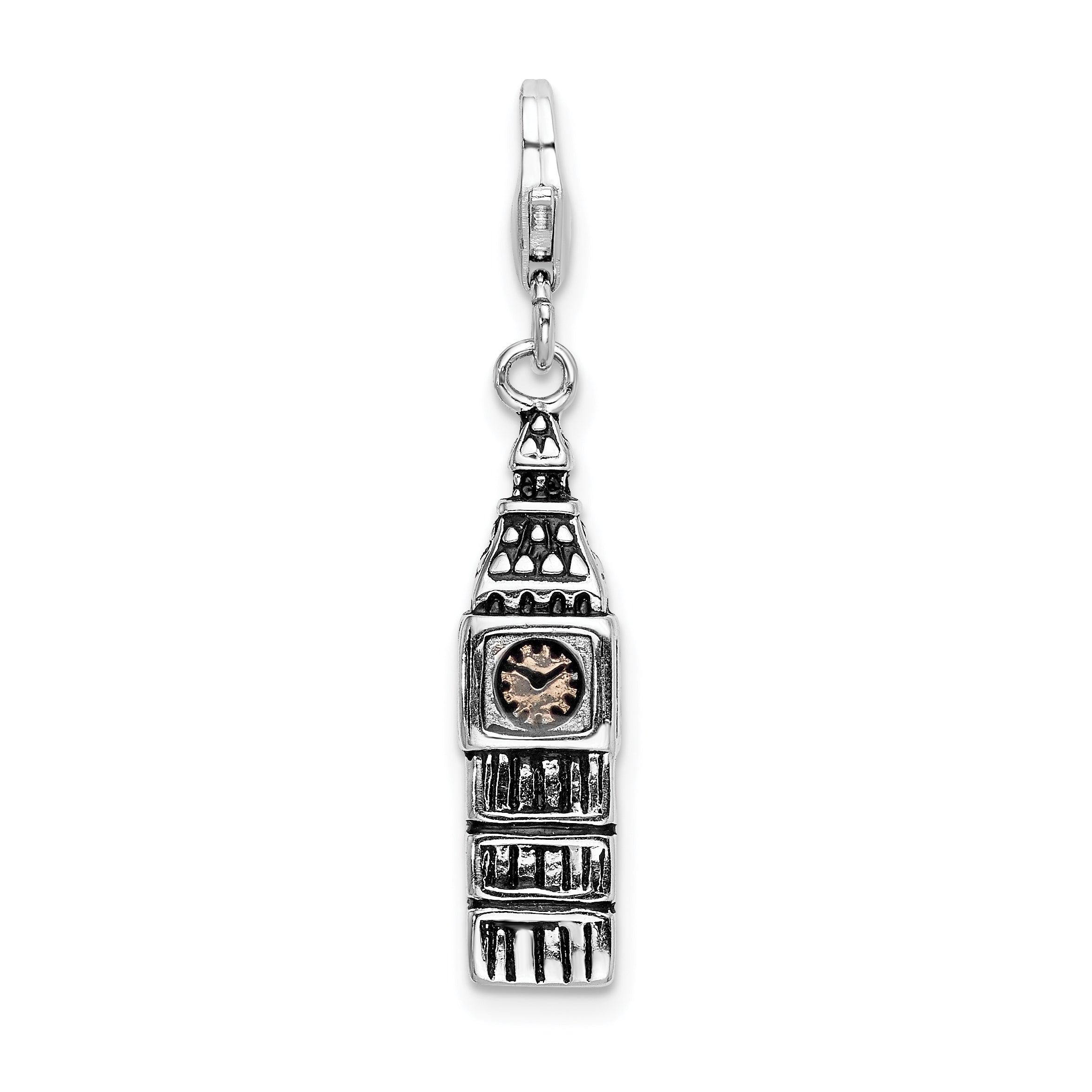 Sterling Silver Amore La Vita Rhodium-Plated Polished 3-D Antiqued Big Ben Charm With Fancy Lobster Clasp