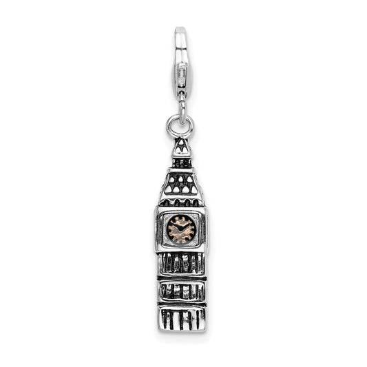 Sterling Silver Amore La Vita Rhodium-Plated Polished 3-D Antiqued Big Ben Charm With Fancy Lobster Clasp