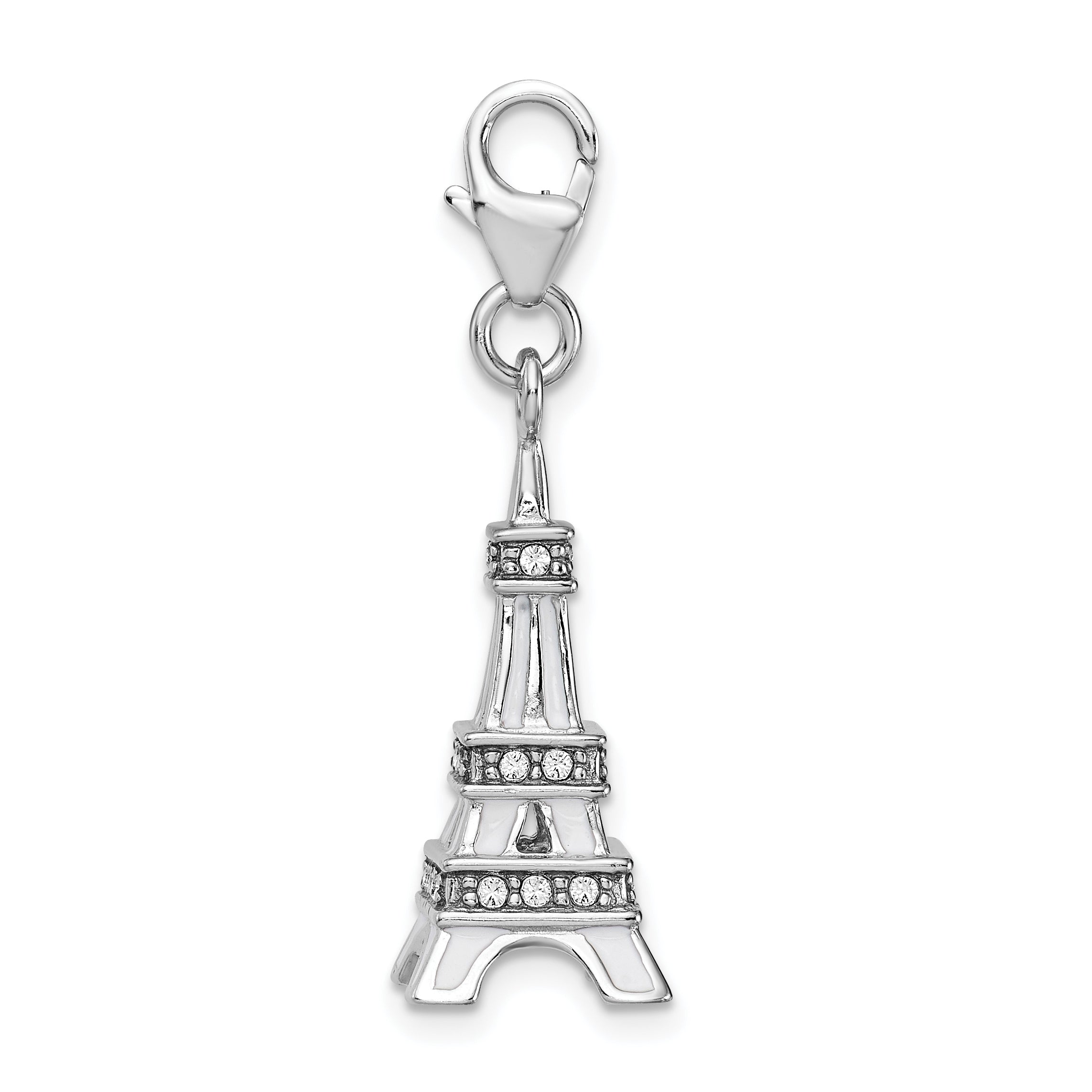 Sterling Silver Amore La Vita Rhodium-Plated Polished 3-D Enameled Crystal From Swarovski Eiffel Tower Charm With Fancy Lobster Clasp