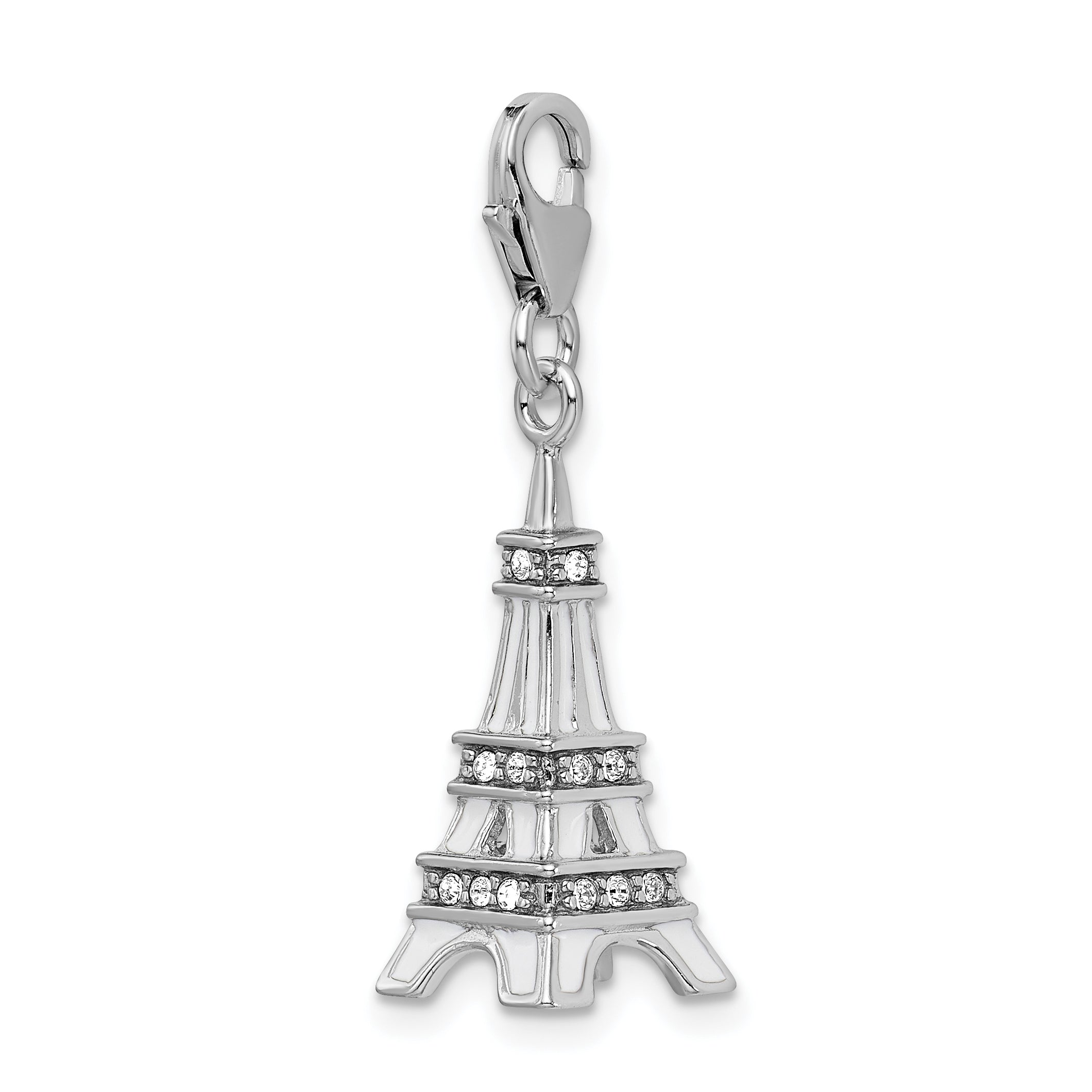 Sterling Silver Amore La Vita Rhodium-Plated Polished 3-D Enameled Crystal From Swarovski Eiffel Tower Charm With Fancy Lobster Clasp