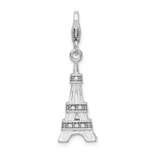 Sterling Silver Amore La Vita Rhodium-Plated Polished 3-D Enameled Crystal From Swarovski Eiffel Tower Charm With Fancy Lobster Clasp