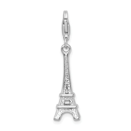Sterling Silver Amore La Vita Rhodium-Plated Polished 3-D Eiffel Tower Charm With Fancy Lobster Clasp
