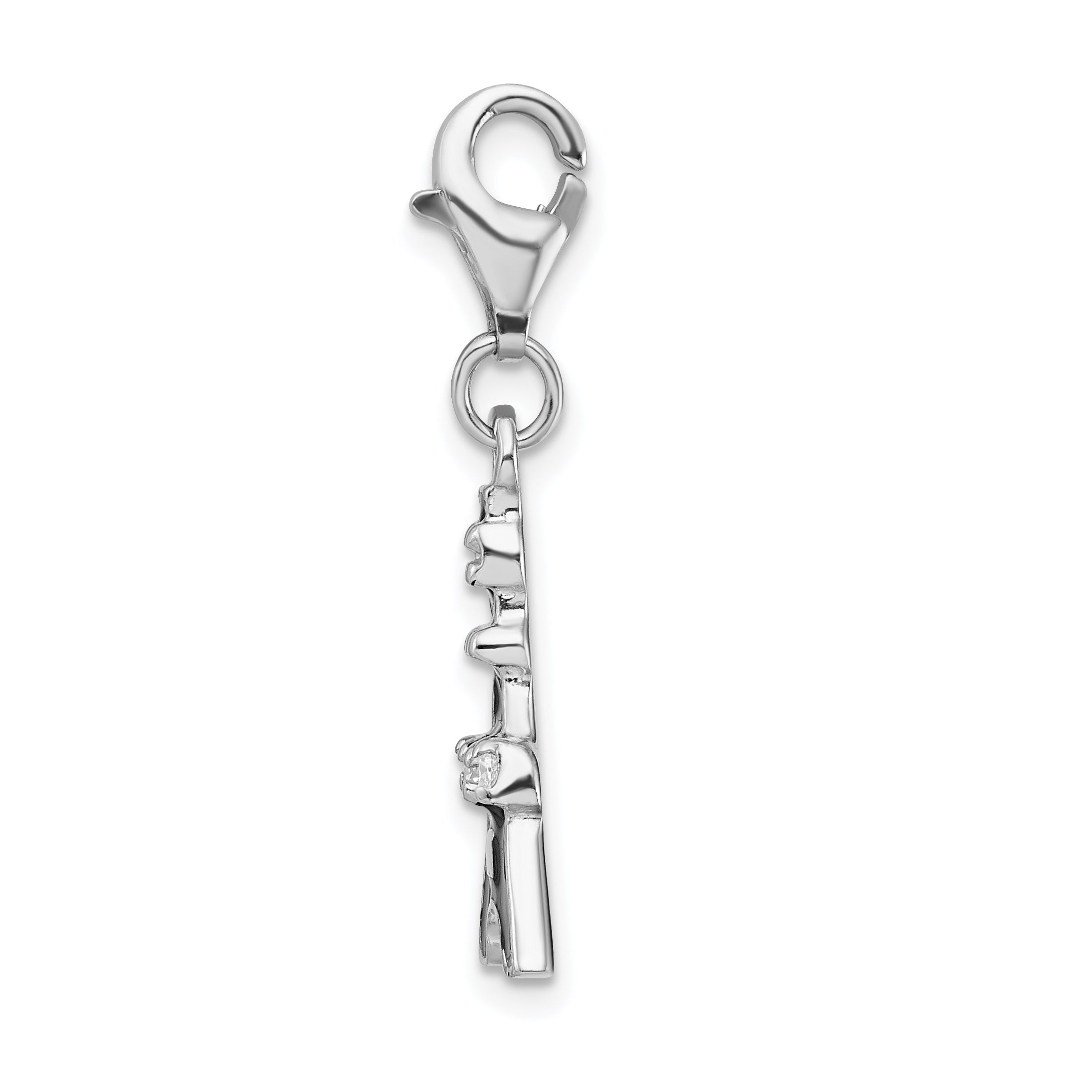 Sterling Silver Amore La Vita Rhodium-Plated Polished Black Enameled Cz Eiffel Tower Charm With Fancy Lobster Clasp