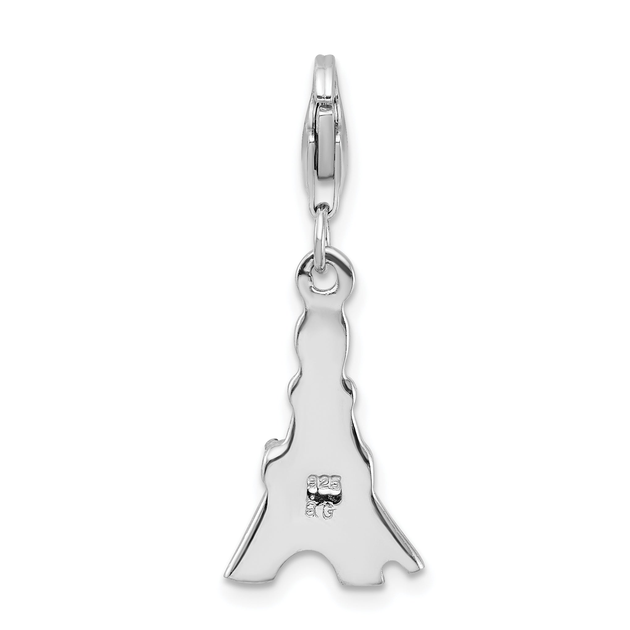 Sterling Silver Amore La Vita Rhodium-Plated Polished Black Enameled Cz Eiffel Tower Charm With Fancy Lobster Clasp