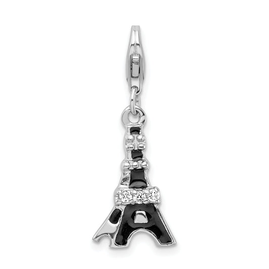 Sterling Silver Amore La Vita Rhodium-Plated Polished Black Enameled Cz Eiffel Tower Charm With Fancy Lobster Clasp