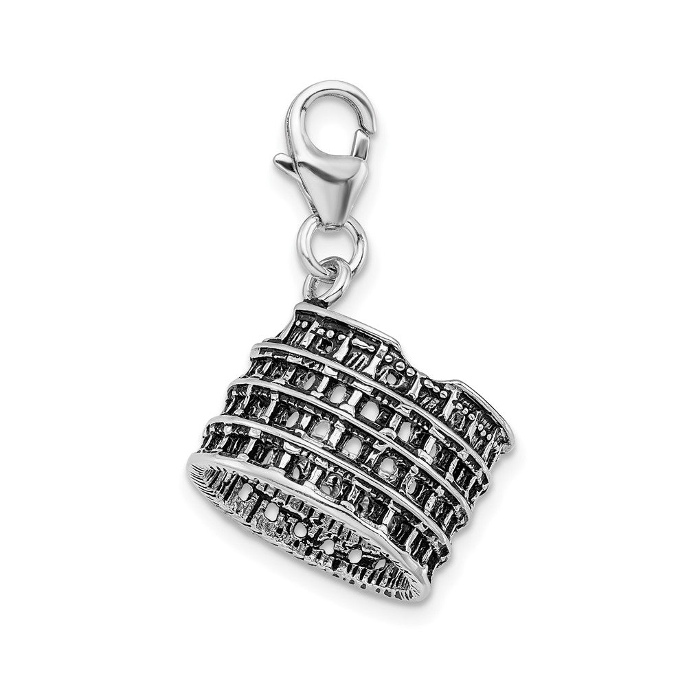 Sterling Silver Amore La Vita Rhodium-Plated Polished 3-D Antiqued Coliseum Charm With Fancy Lobster Clasp