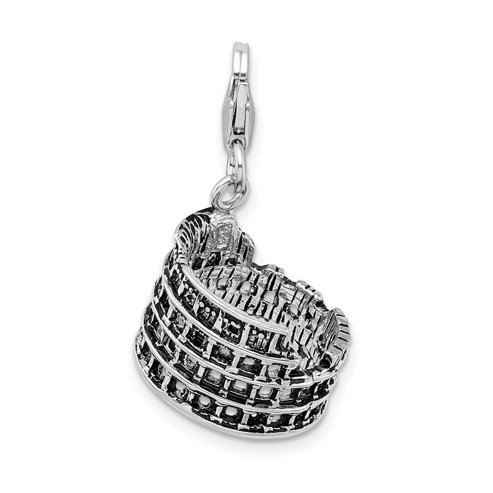 Sterling Silver Amore La Vita Rhodium-Plated Polished 3-D Antiqued Coliseum Charm With Fancy Lobster Clasp