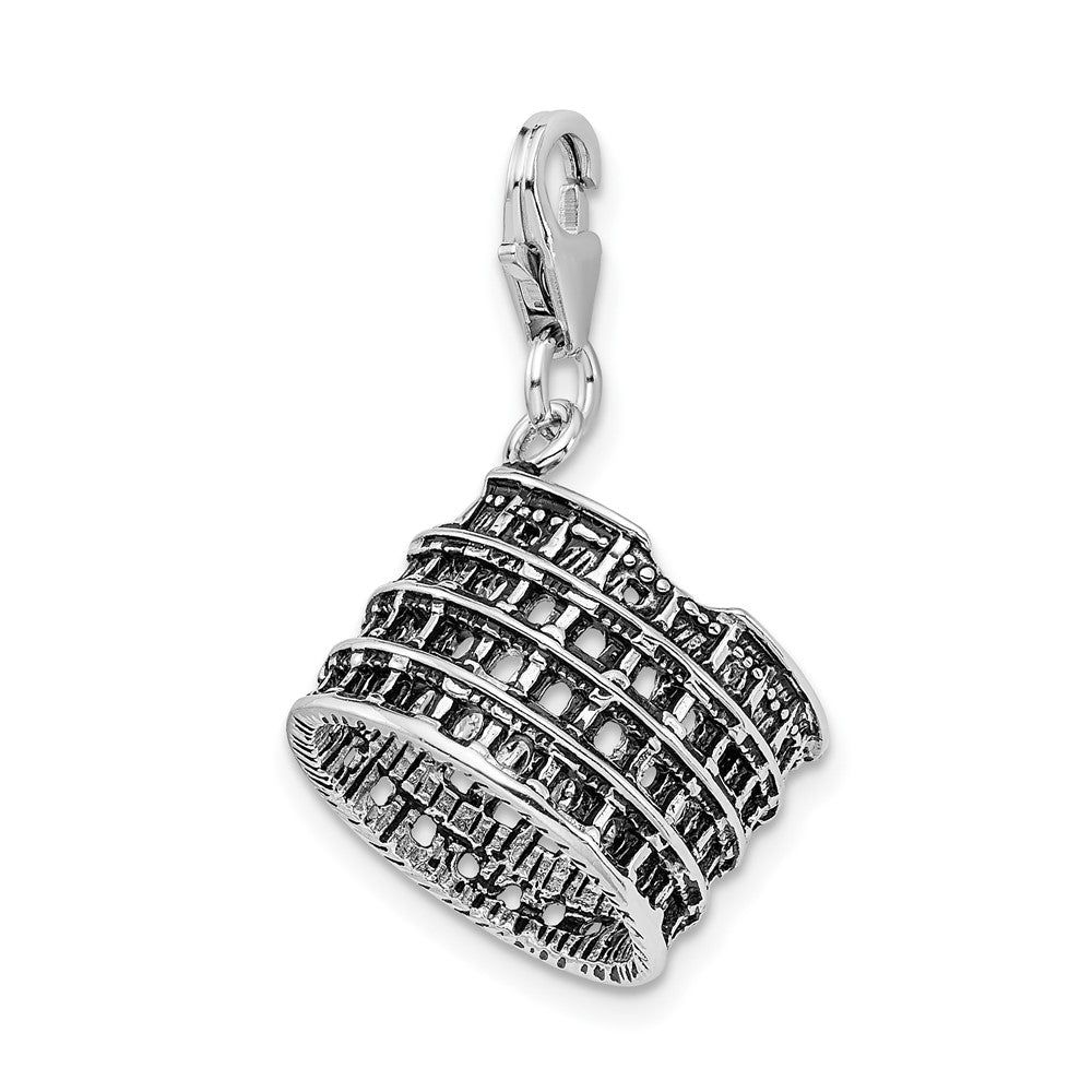 Sterling Silver Amore La Vita Rhodium-Plated Polished 3-D Antiqued Coliseum Charm With Fancy Lobster Clasp