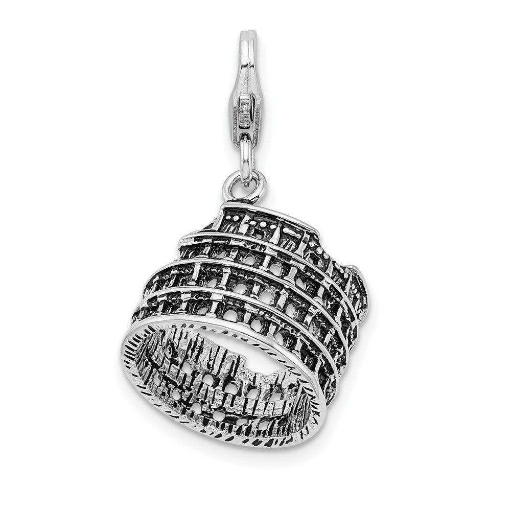 Sterling Silver Amore La Vita Rhodium-Plated Polished 3-D Antiqued Coliseum Charm With Fancy Lobster Clasp