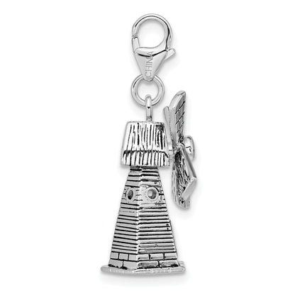 Sterling Silver Amore La Vita Rhodium-Plated Polished 3-D Moveable Windmill Charm With Fancy Lobster Clasp