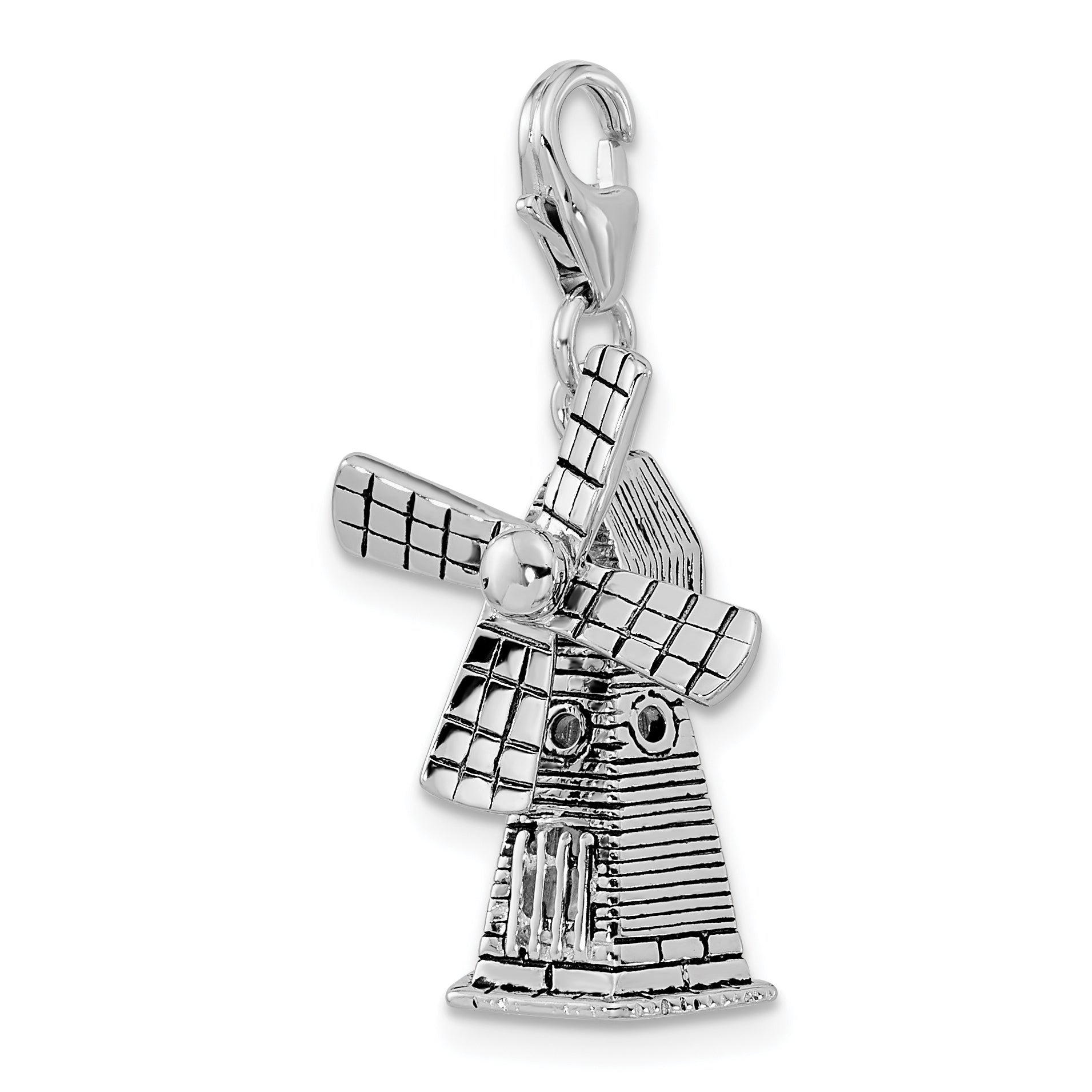 Sterling Silver Amore La Vita Rhodium-Plated Polished 3-D Moveable Windmill Charm With Fancy Lobster Clasp