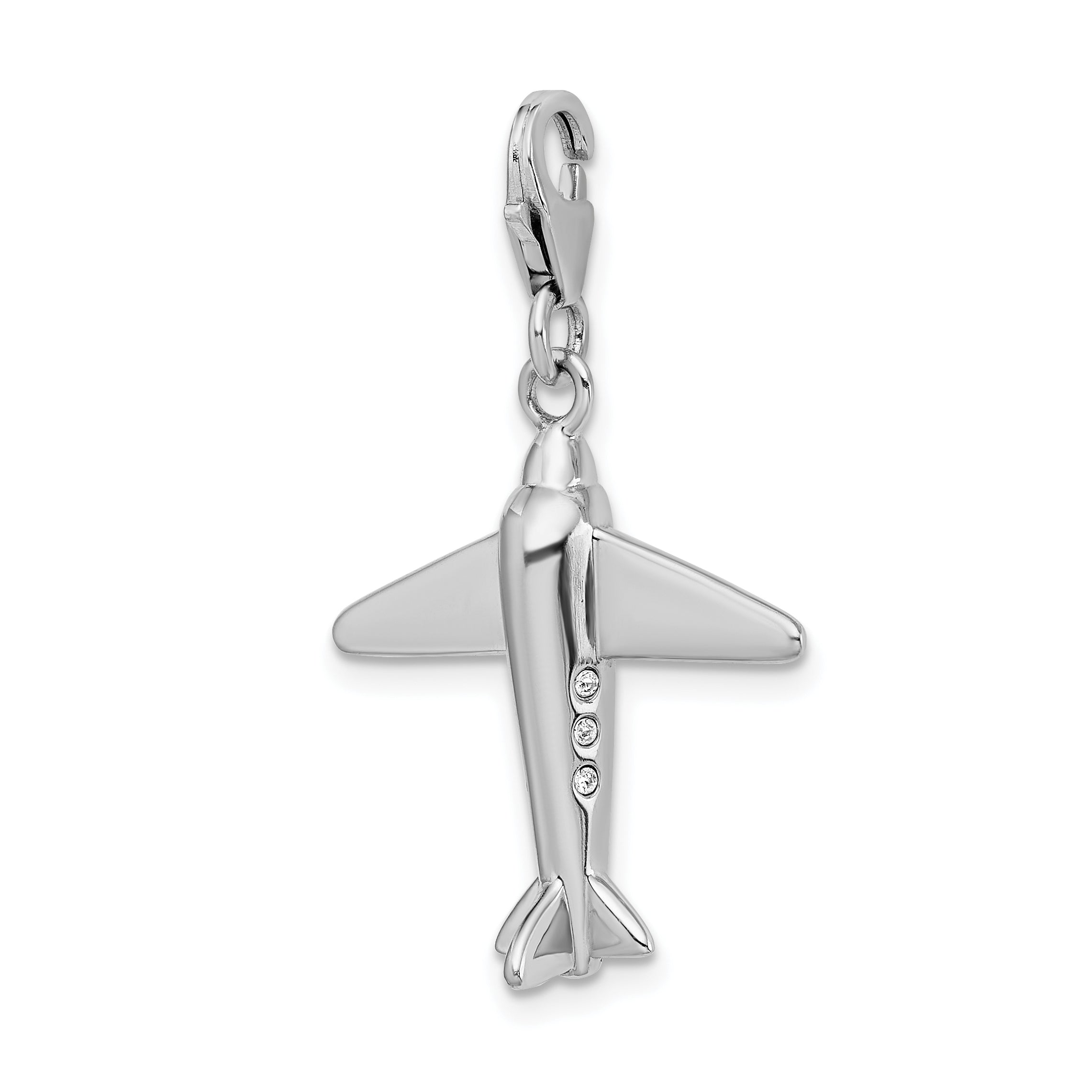 Sterling Silver Amore La Vita Rhodium-Plated Polished 3-D Crystal From Swarovski Airplane Charm With Fancy Lobster Clasp