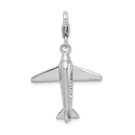 Sterling Silver Amore La Vita Rhodium-Plated Polished 3-D Crystal From Swarovski Airplane Charm With Fancy Lobster Clasp