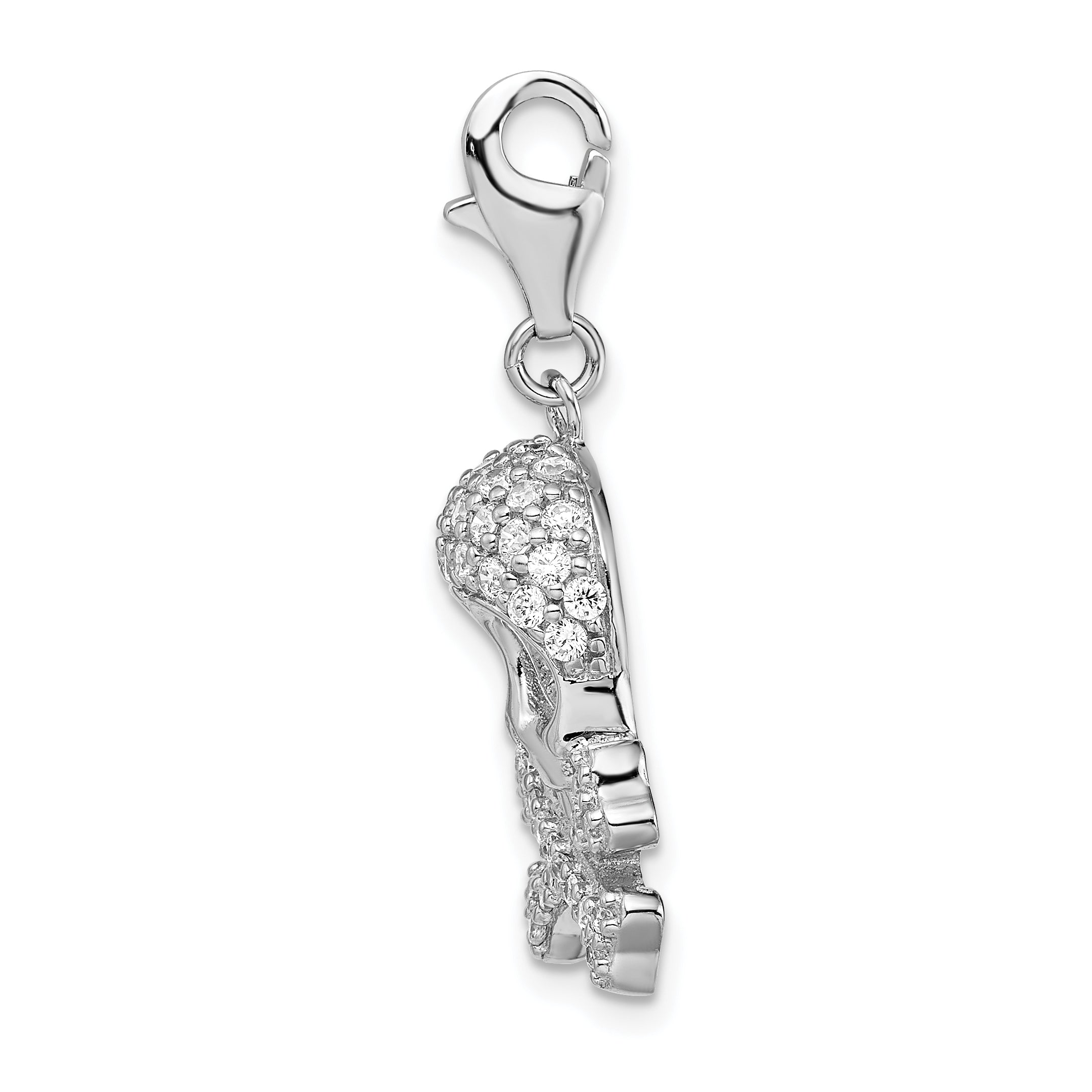 Sterling Silver Amore La Vita Rhodium-Plated Polished Cz Skull And Cross Bones Charm With Fancy Lobster Clasp