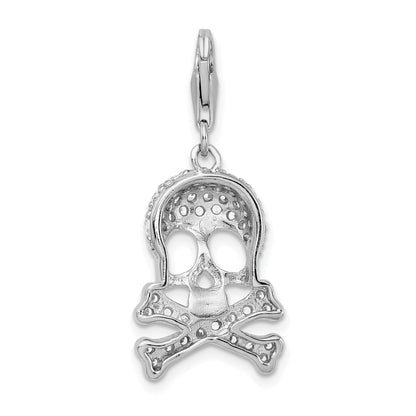Sterling Silver Amore La Vita Rhodium-Plated Polished Cz Skull And Cross Bones Charm With Fancy Lobster Clasp