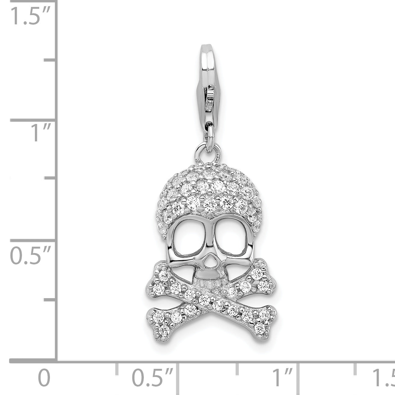 Sterling Silver Amore La Vita Rhodium-Plated Polished Cz Skull And Cross Bones Charm With Fancy Lobster Clasp