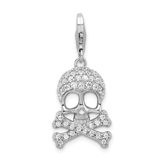 Sterling Silver Amore La Vita Rhodium-Plated Polished Cz Skull And Cross Bones Charm With Fancy Lobster Clasp