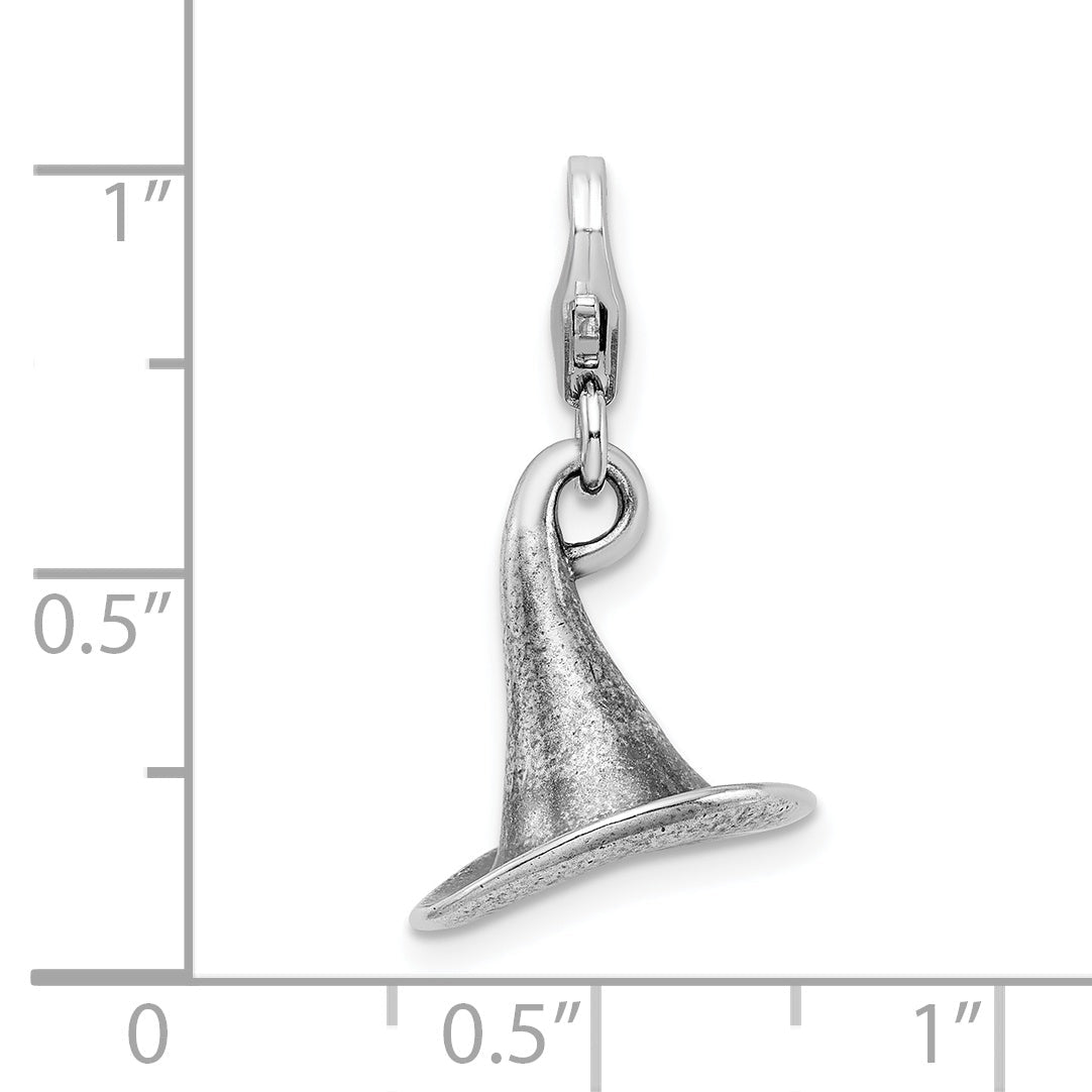 Sterling Silver Amore La Vita Rhodium-Plated Polished 3-D Antiqued Witches Hat Charm With Fancy Lobster Clasp
