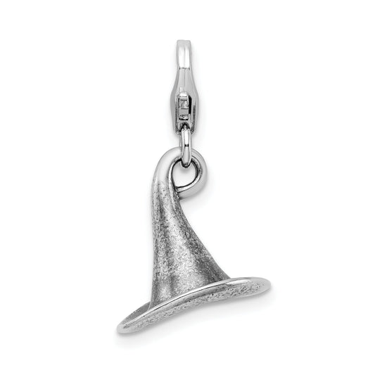 Sterling Silver Amore La Vita Rhodium-Plated Polished 3-D Antiqued Witches Hat Charm With Fancy Lobster Clasp