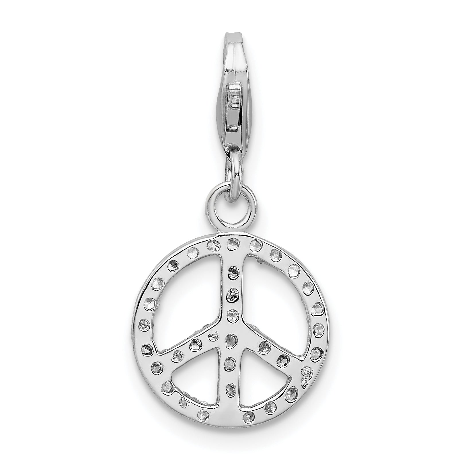 Sterling Silver Amore La Vita Rhodium-Plated Polished Cz Peace Sign Charm With Fancy Lobster Clasp