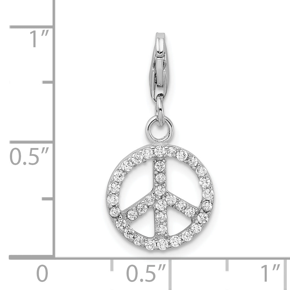 Sterling Silver Amore La Vita Rhodium-Plated Polished Cz Peace Sign Charm With Fancy Lobster Clasp