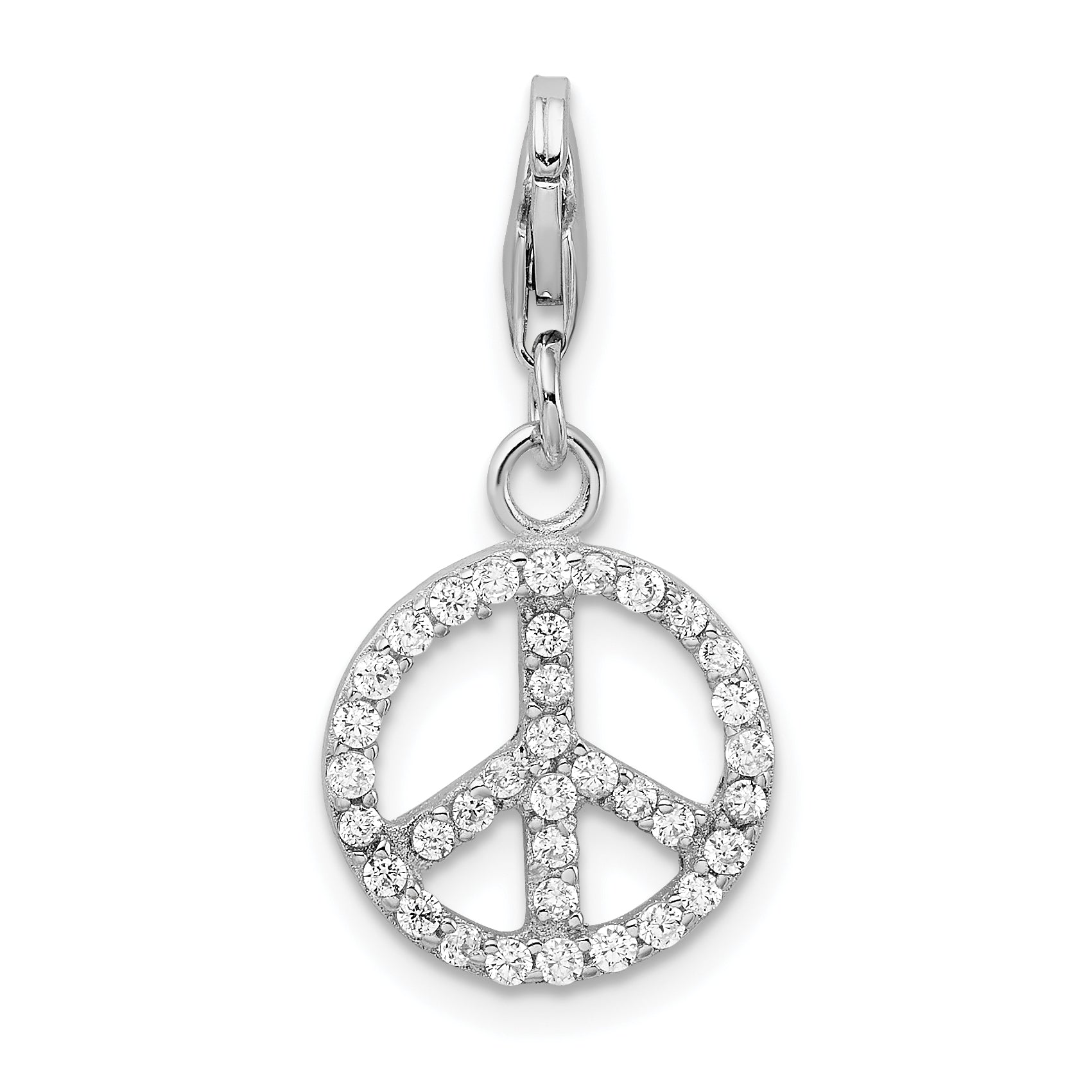 Sterling Silver Amore La Vita Rhodium-Plated Polished Cz Peace Sign Charm With Fancy Lobster Clasp