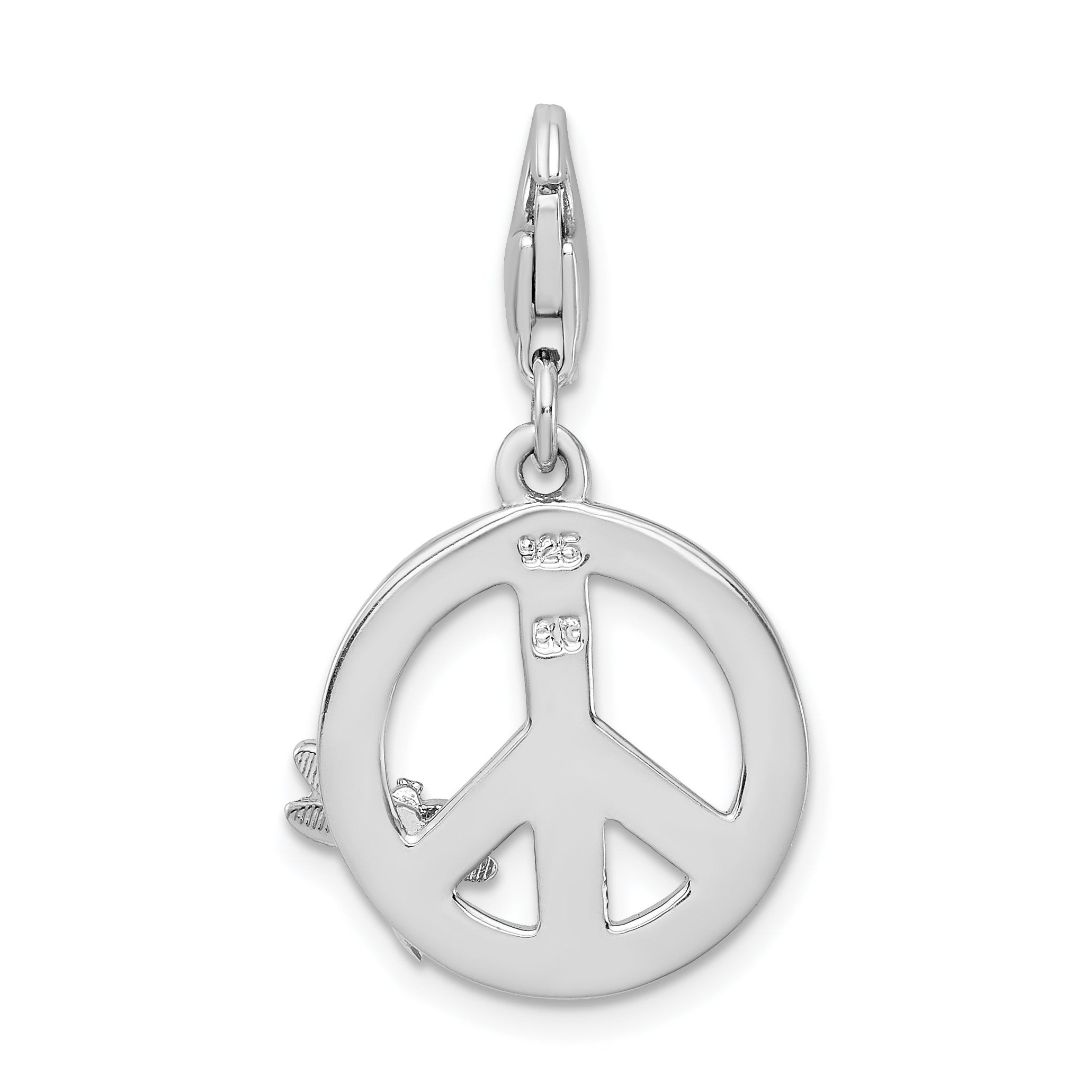 Sterling Silver Amore La Vita Rhodium-Plated Polished Enameled Peace Sign With Dragonfly Charm Fancy Lobster Clasp