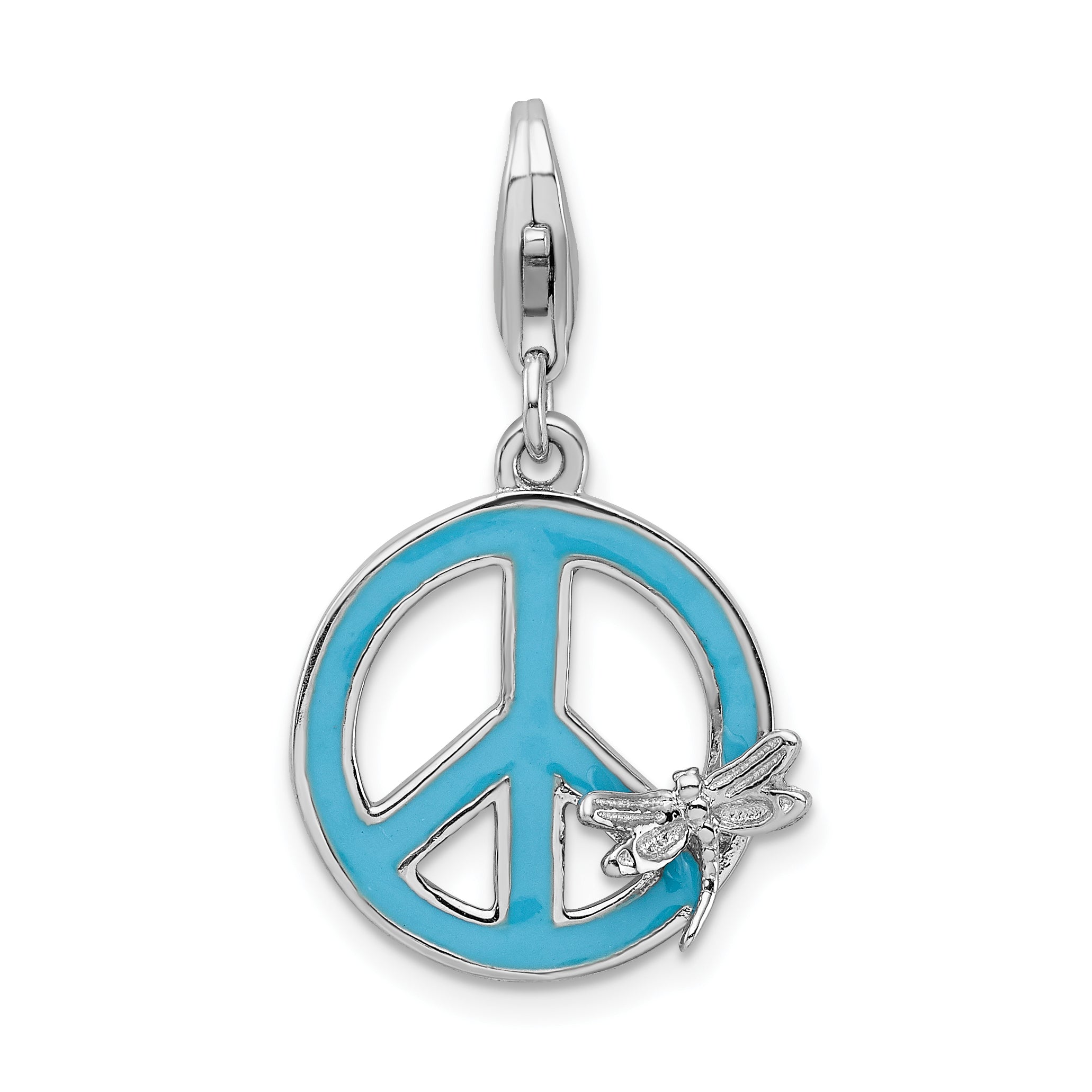 Sterling Silver Amore La Vita Rhodium-Plated Polished Enameled Peace Sign With Dragonfly Charm Fancy Lobster Clasp