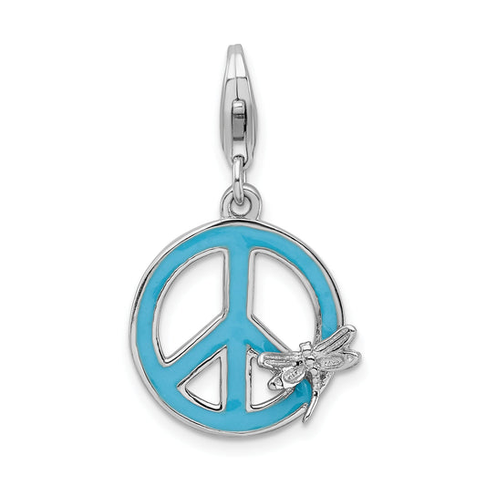Sterling Silver Amore La Vita Rhodium-Plated Polished Enameled Peace Sign With Dragonfly Charm Fancy Lobster Clasp