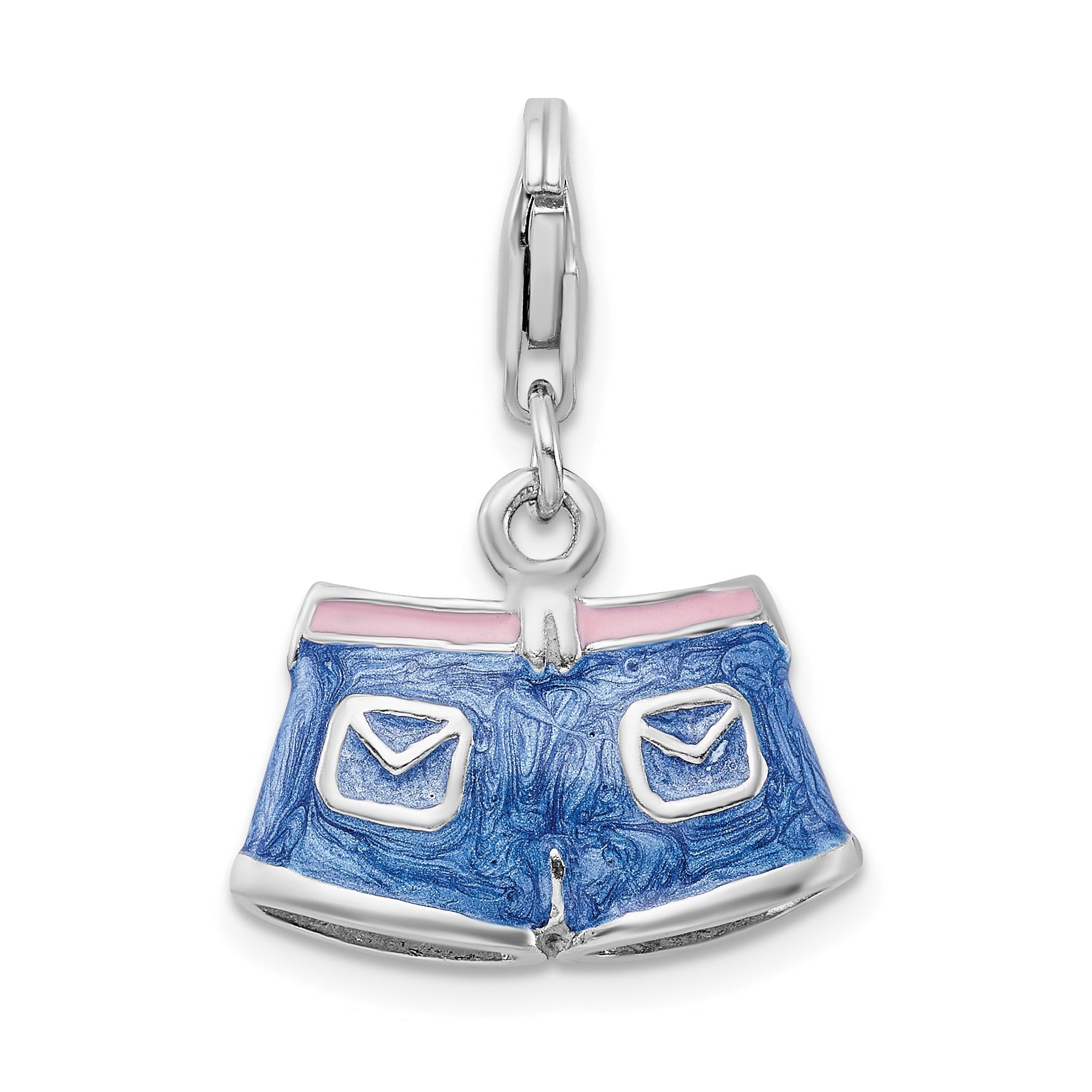 Sterling Silver Amore La Vita Rhodium-Plated Polished 3-D Enameled Blue Jean Shorts Charm With Fancy Lobster Clasp