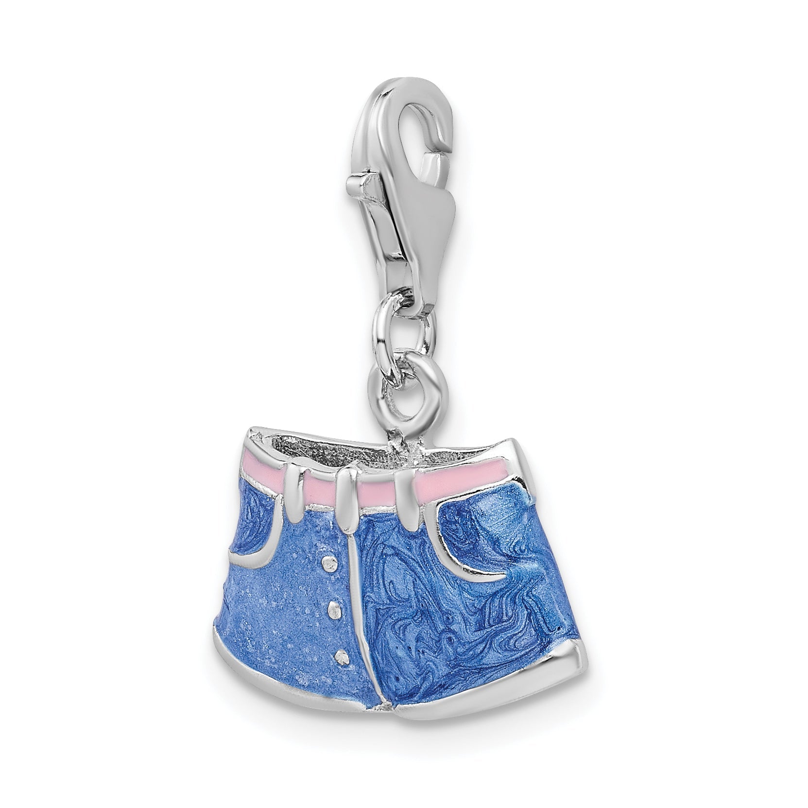 Sterling Silver Amore La Vita Rhodium-Plated Polished 3-D Enameled Blue Jean Shorts Charm With Fancy Lobster Clasp